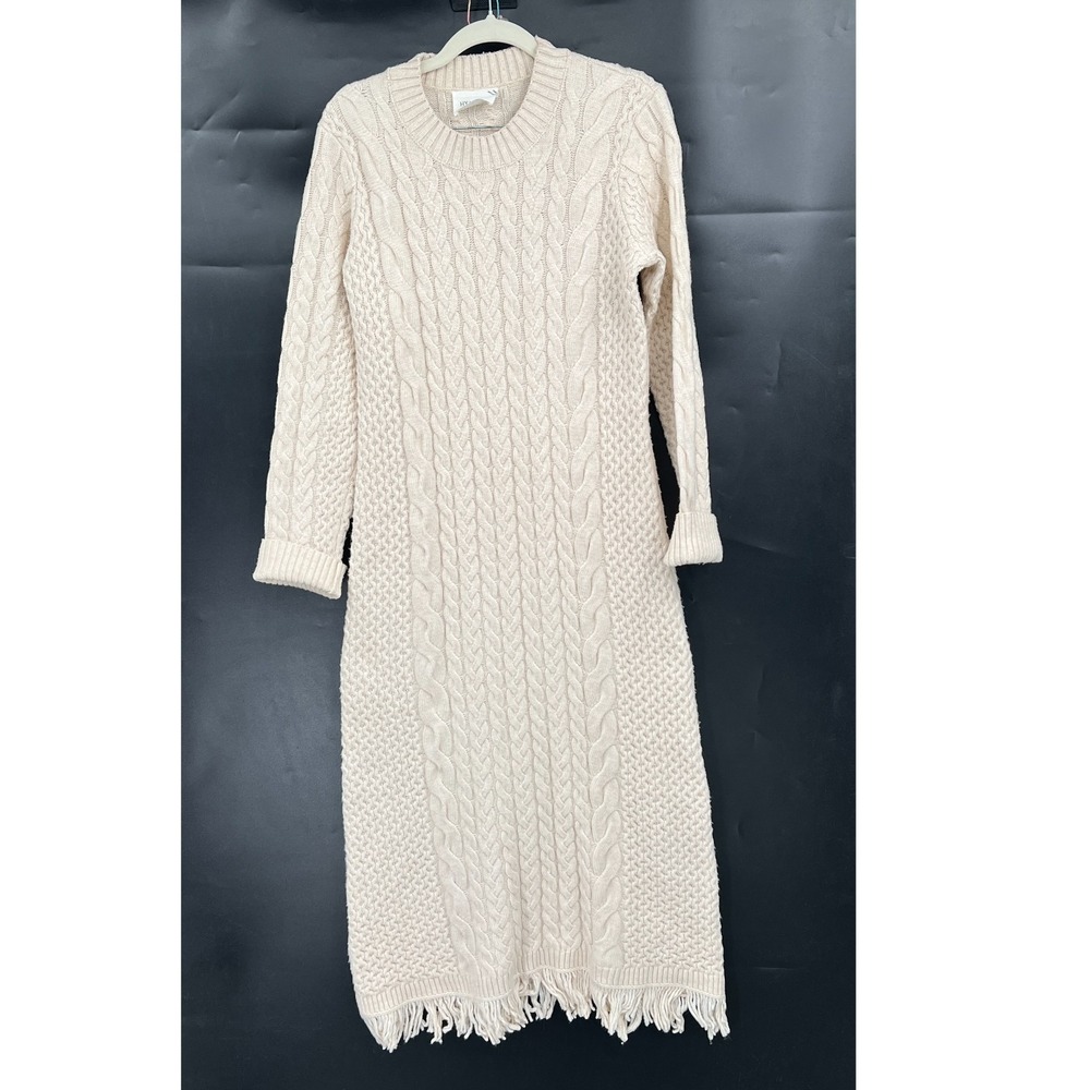 Tuckernuck Hyacinth House cream Freya Fringe Sweater Dress Cable Knit fisherman